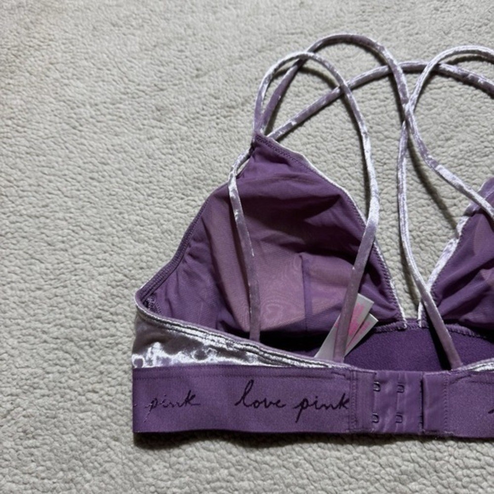 Pink Victoria Secret Bra Womens Medium Bralette Strappy Lilac Crushed Velvet - Picture 9 of 12